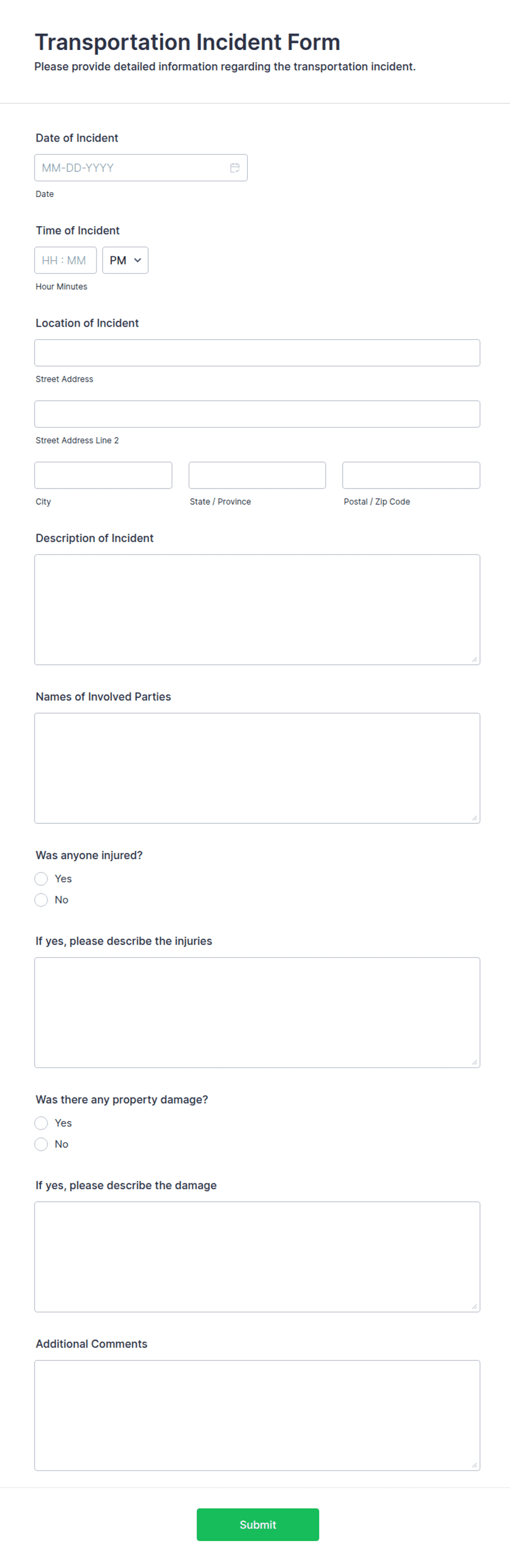 Transportation Incident Form Template | Jotform