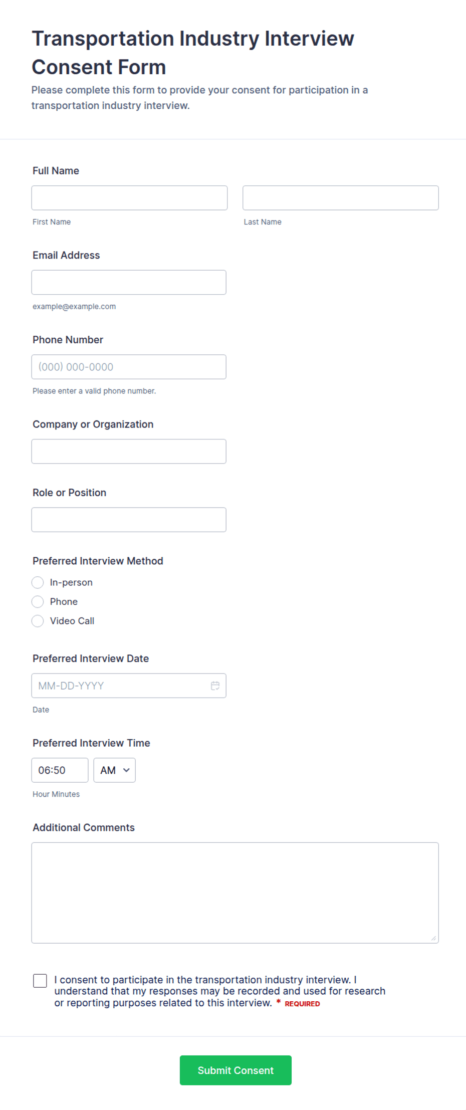 It Interview Form Transportation Industry Interview Consent Form Template | Jotform