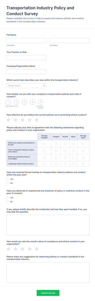 Transportation Industry Policy And Conduct Survey Form Template