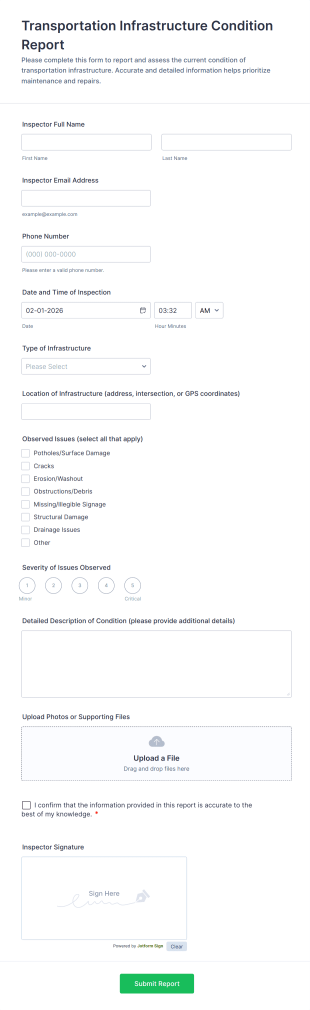 Transportation Infrastructure Condition Report Form Template