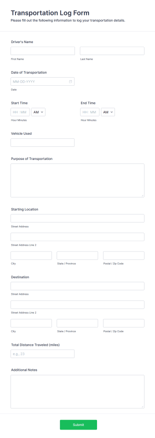 Transportation Log Form Template