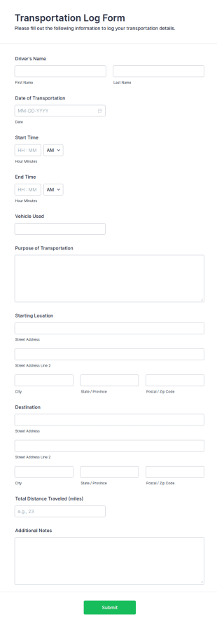 Transportation Log Form Template