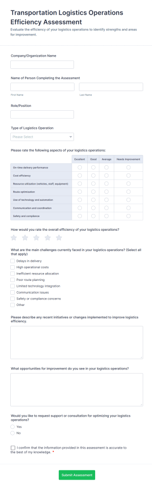 Transportation Logistics Operations Efficiency Assessment Form Template