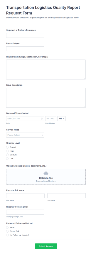 Transportation Logistics Quality Report Request Form Template