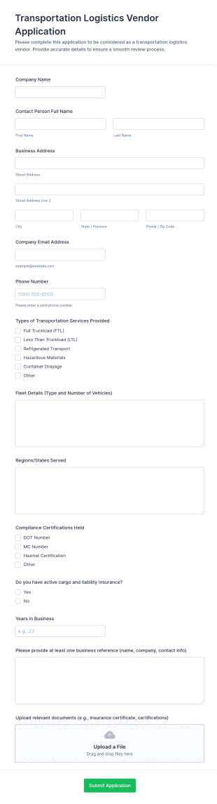 Transportation Logistics Vendor Application Form Template