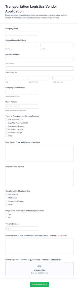 Transportation Logistics Vendor Application Form Template