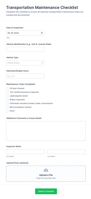 Transportation Maintenance Checklist Form Template