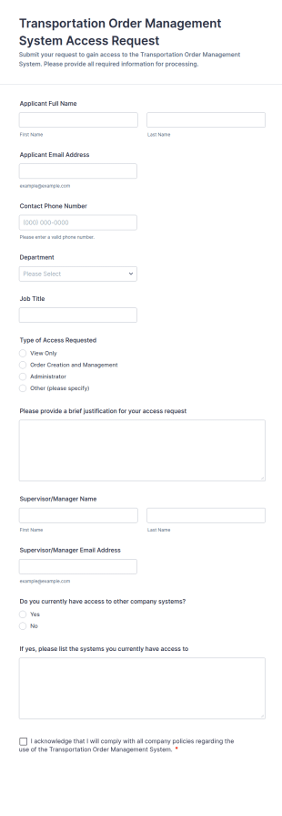 Transportation Order Management System Access Request Form Template