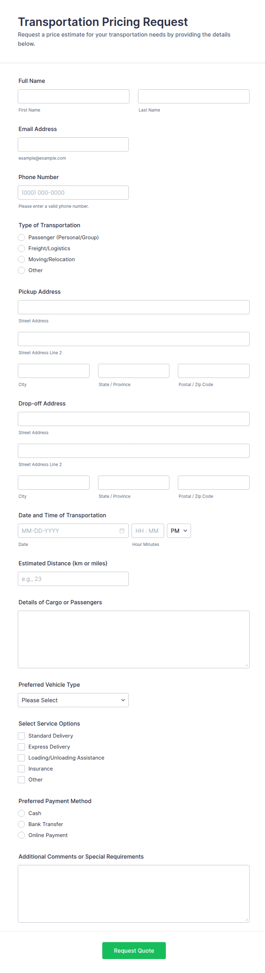 Transportation Pricing Request Form Template | Jotform