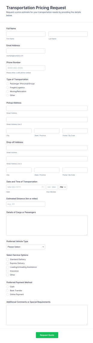 Transportation Pricing Request Form Template