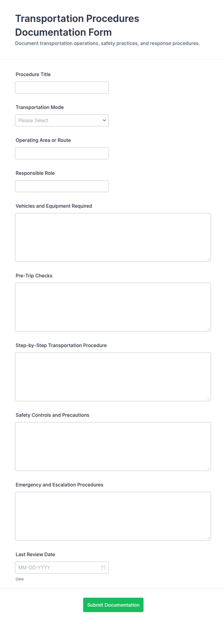 Transportation Procedures Documentation Form Template | Jotform
