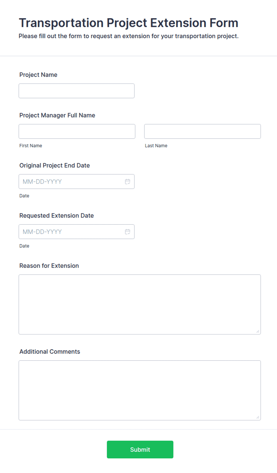 Transportation For Project File Transportation Project Extension Form Template | Jotform