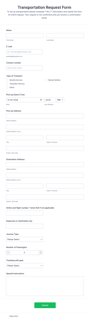Transportation Request Form Template