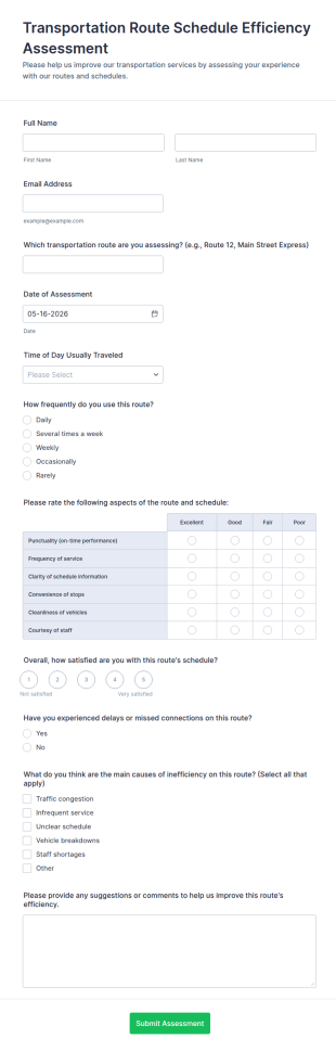 Transportation Route Schedule Efficiency Assessment Form Template