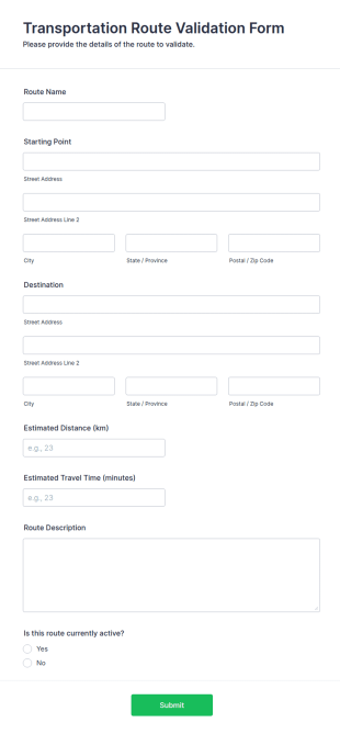 Transportation Route Validation Form Template