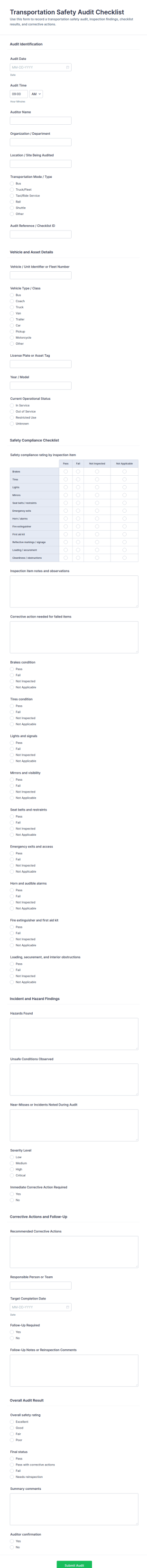 Transportation Safety Audit Checklist Form Template