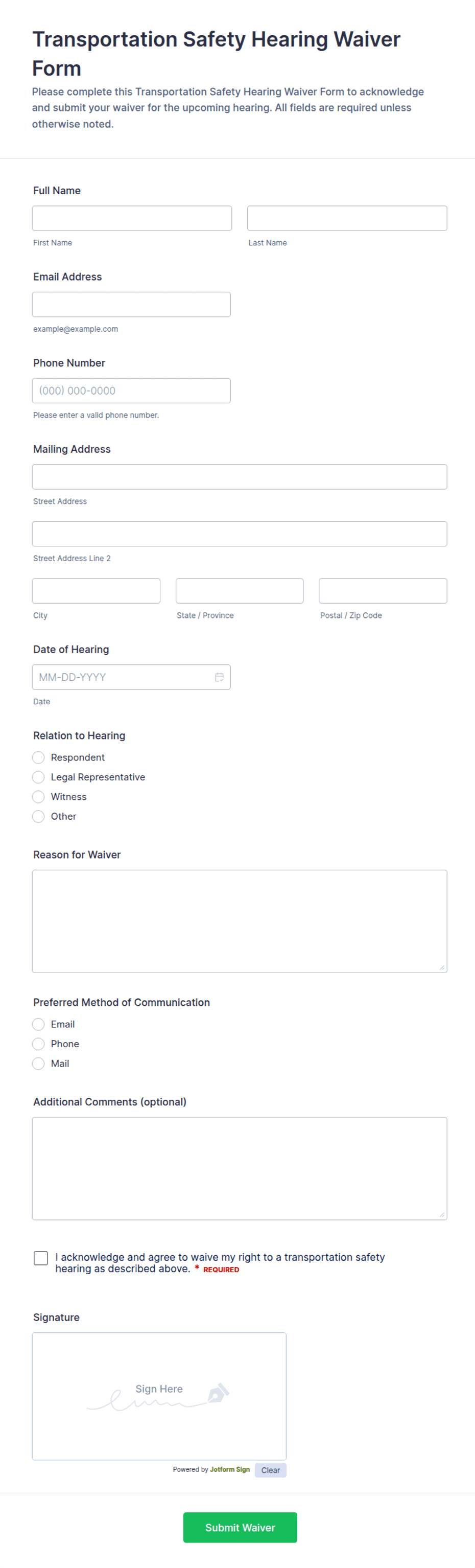 Transportation Safety Hearing Waiver Form Template | Jotform