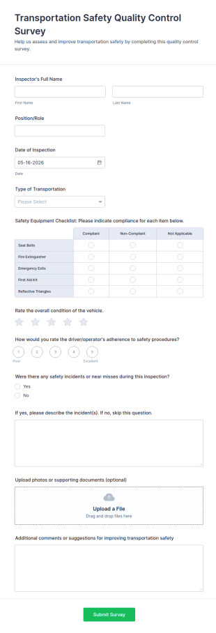 Transportation Safety Quality Control Survey Form Template