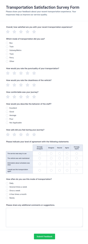Transportation Satisfaction Survey Form Template