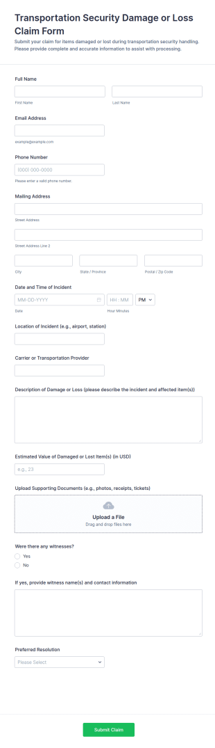 Transportation Security Damage Or Loss Claim Form Template