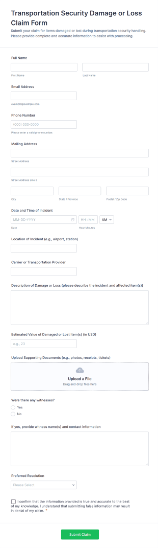 Transportation Security Damage Or Loss Claim Form Template