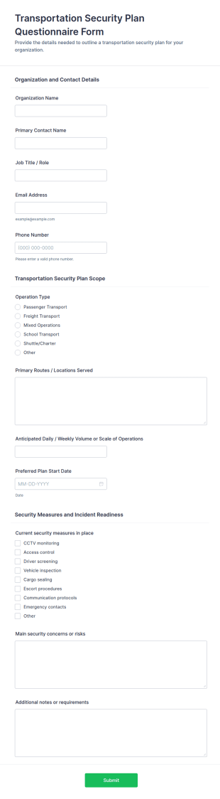 Transportation Security Plan Questionnaire Form Template