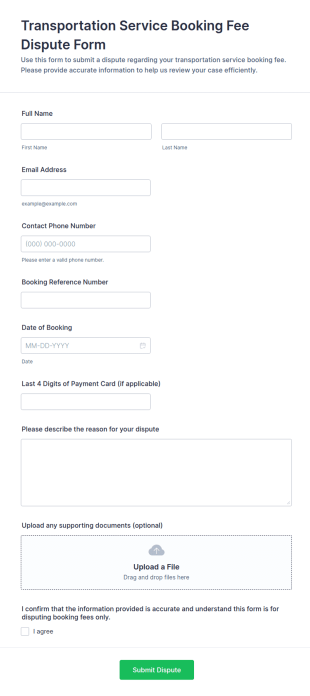 Transportation Service Booking Fee Dispute Form Template