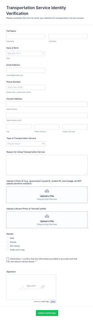 Transportation Service Identity Verification Form Template