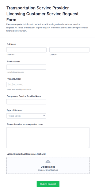Transportation Service Provider Licensing Customer Service Request Form Template