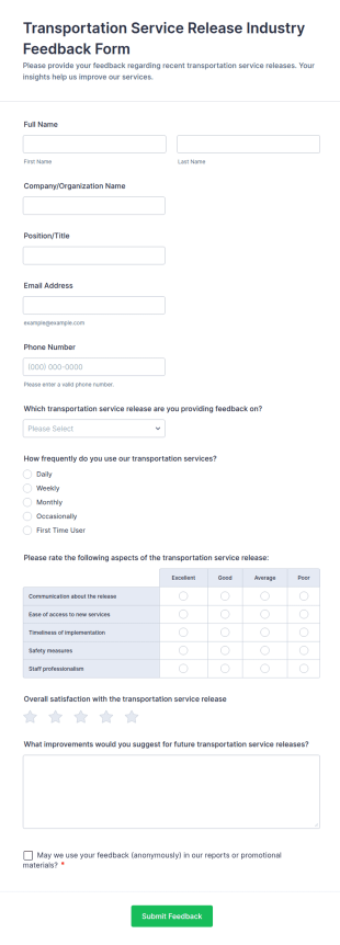 Transportation Service Release Industry Feedback Form Template