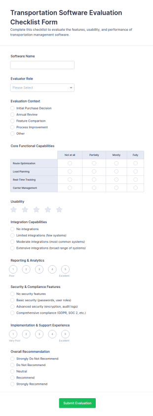 Transportation Software Evaluation Checklist Form Template