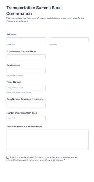 Transportation Summit Block Confirmation Form Template