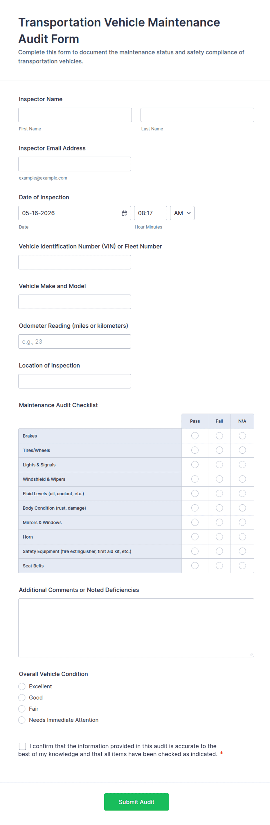 Transportation Vehicle Maintenance Audit Form Template | Jotform