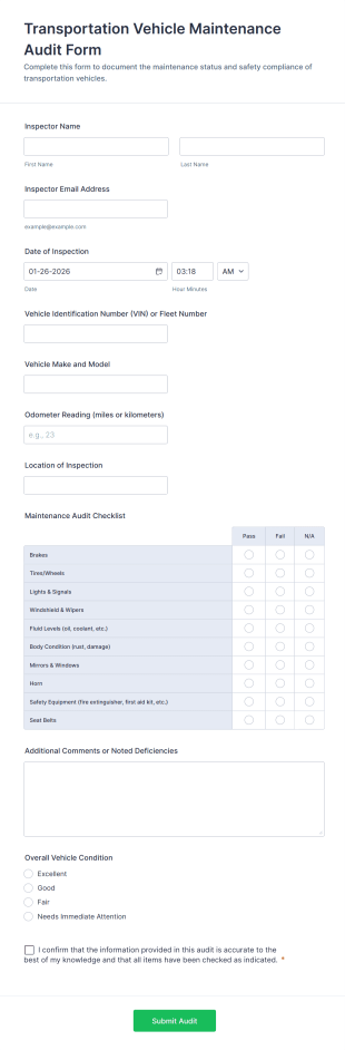 Transportation Vehicle Maintenance Audit Form Template