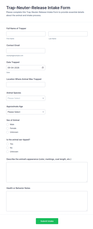 Trap Neuter Release Intake Form Template