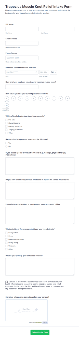 Trapezius Muscle Knot Relief Intake Form Template