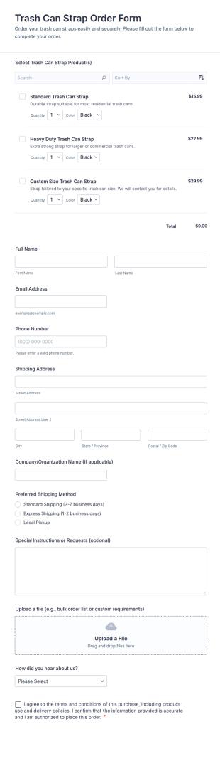 Trash Can Strap Order Form Template