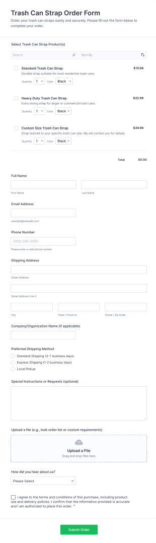 Trash Can Strap Order Form Template