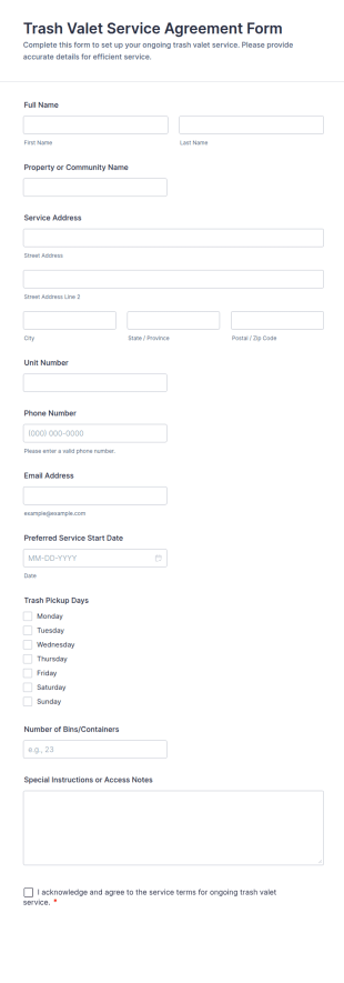 Trash Valet Service Agreement Form Template