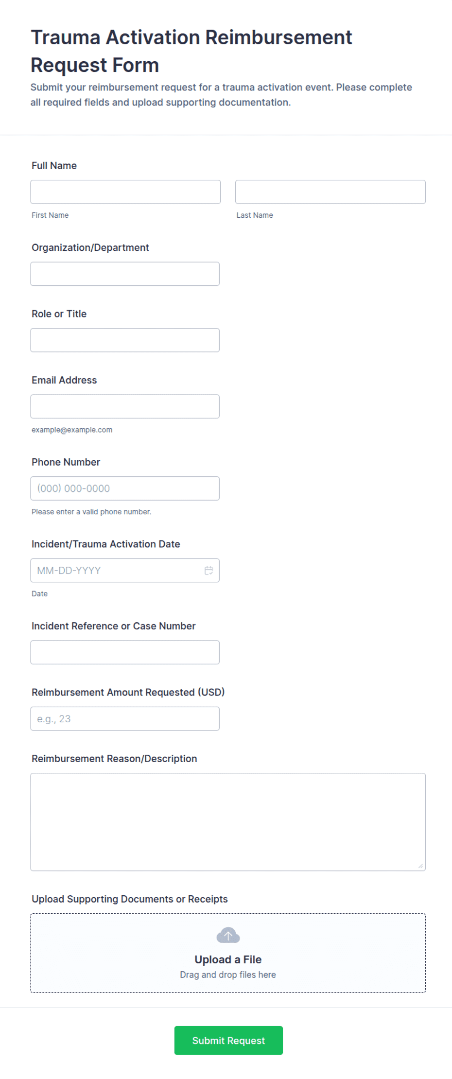 Trauma Activation Reimbursement Request Form Template | Jotform