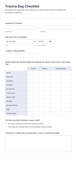 Trauma Bag Checklist Form Template