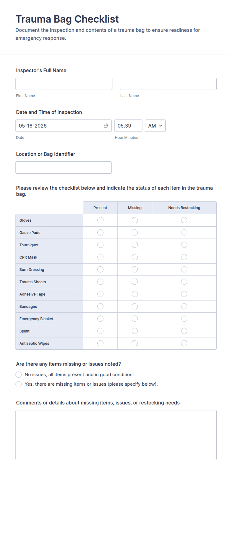 Silver Trauma Checklist.pdf Trauma Bag Checklist Form Template | Jotform