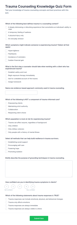 Trauma Counseling Knowledge Quiz Form Template