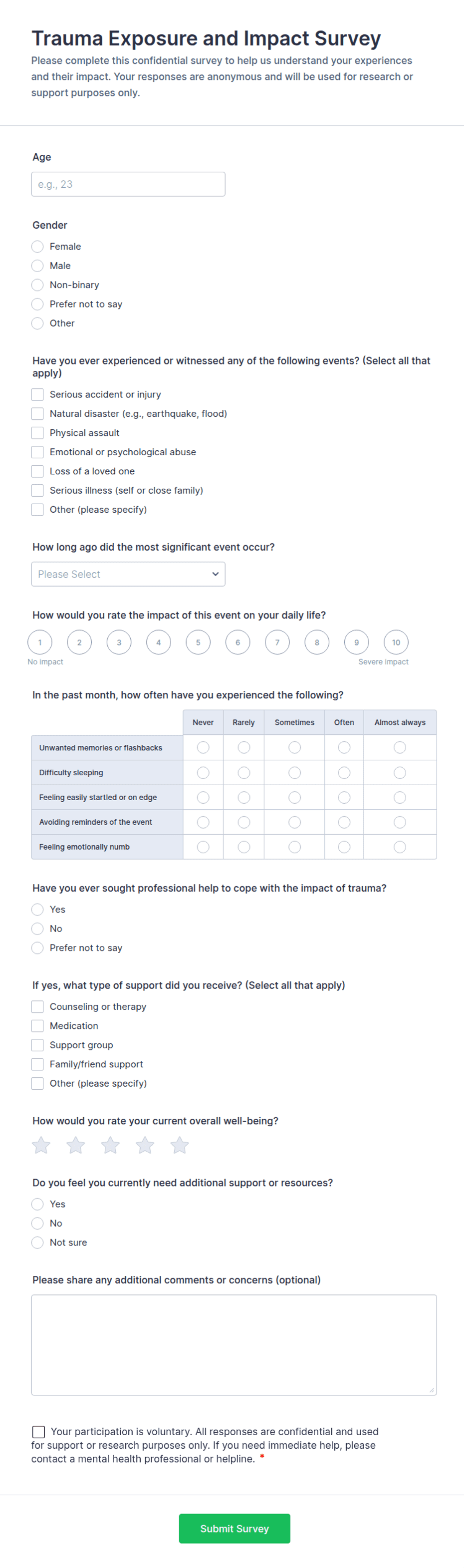 Trauma Exposure and Impact Survey Form Template | Jotform