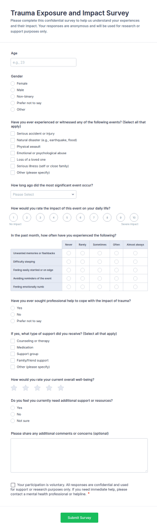 Trauma Exposure And Impact Survey Form Template