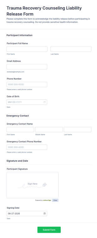 Trauma Recovery Counseling Liability Release Form Template