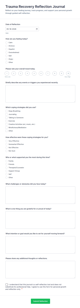 Trauma Recovery Reflection Journal Form Template