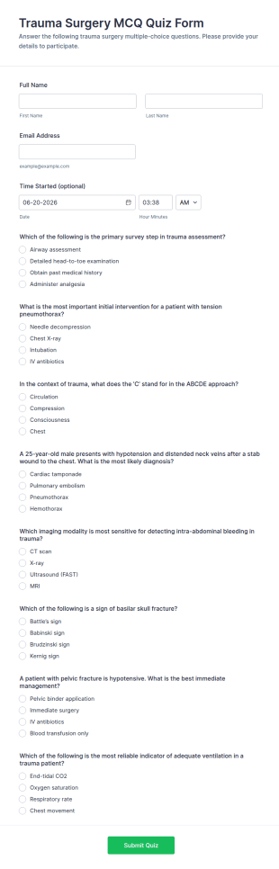 Trauma Surgery MCQ Quiz Form Template