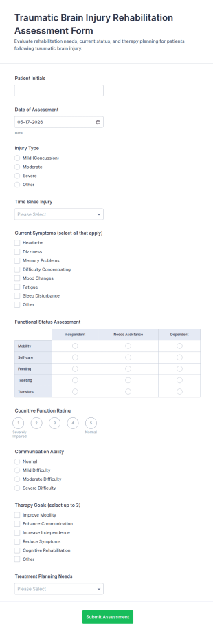 Traumatic Brain Injury Rehabilitation Assessment Form Template