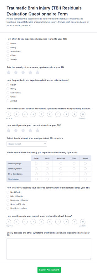 Traumatic Brain Injury (TBI) Residuals Evaluation Questionnaire Form Template